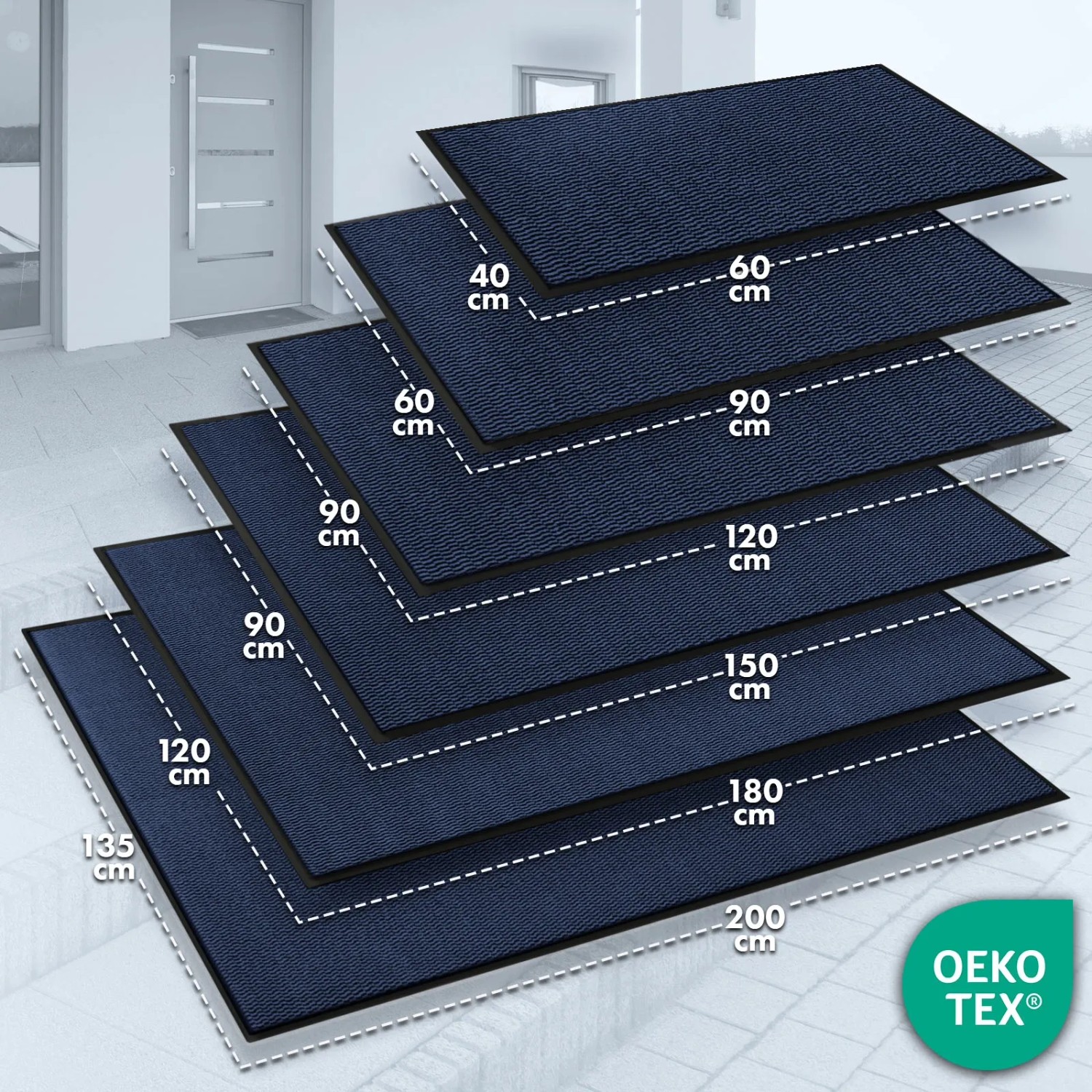 Blaue KARAT Schmutzfangmatten SKY Novo in verschiedenen Größen. Rutschfester TPE-Rücken, ideal für Innen- und Außenbereiche.