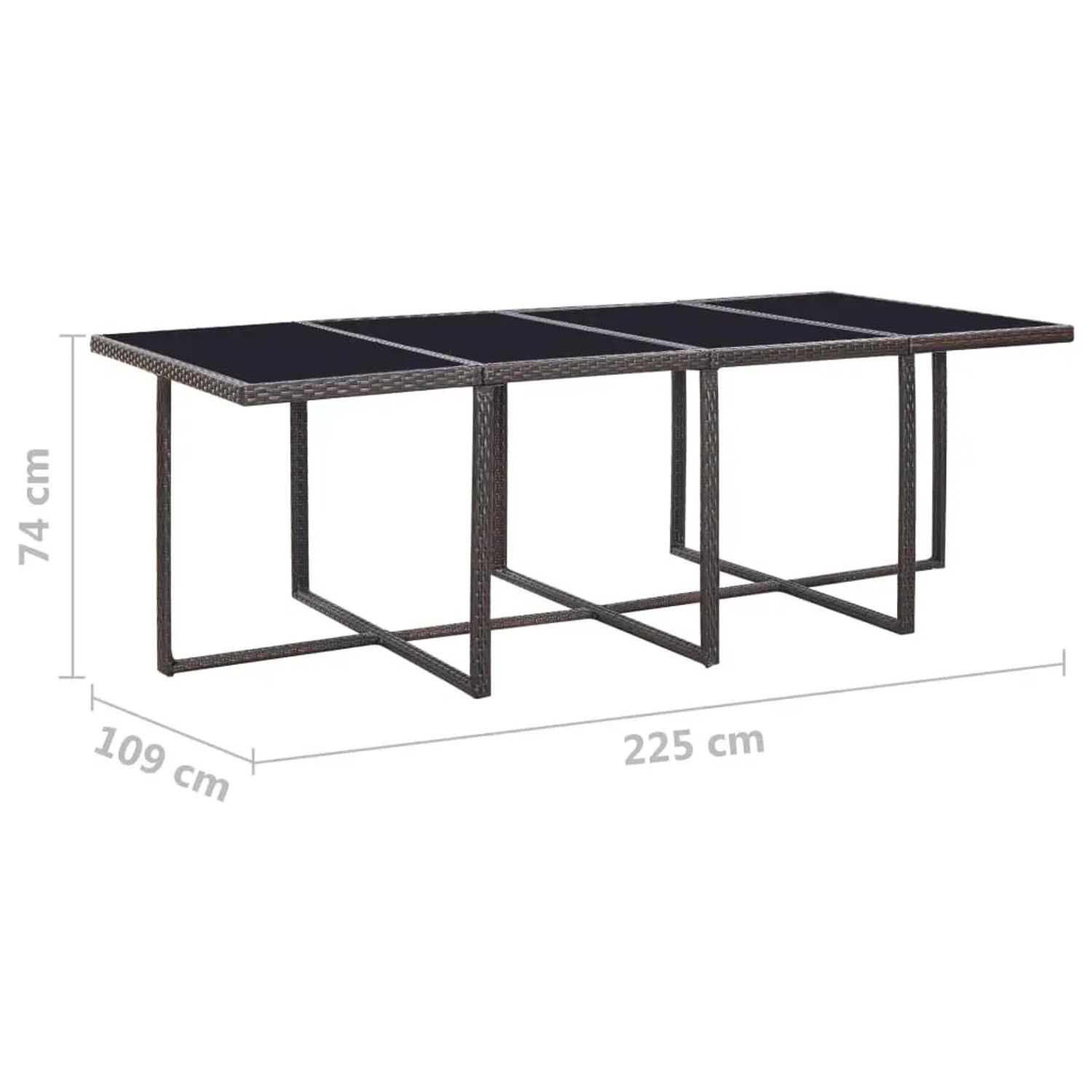 vidaXL Garten-Esstisch, braunes Poly Rattan, Glasplatte, 225x109x74 cm, Teil der 13-tlg. Gartenmöbel Essgruppe.