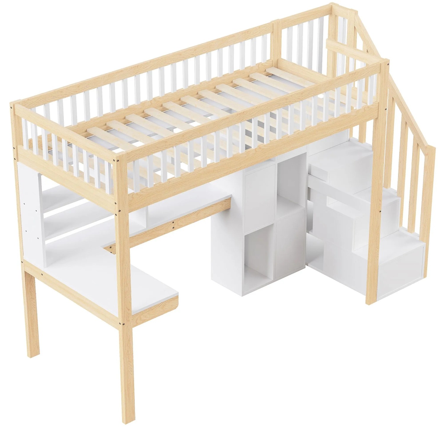okwish Hochbett 90x200cm mit LED Leuchten und Schreibtisch Natur ohne Matratze