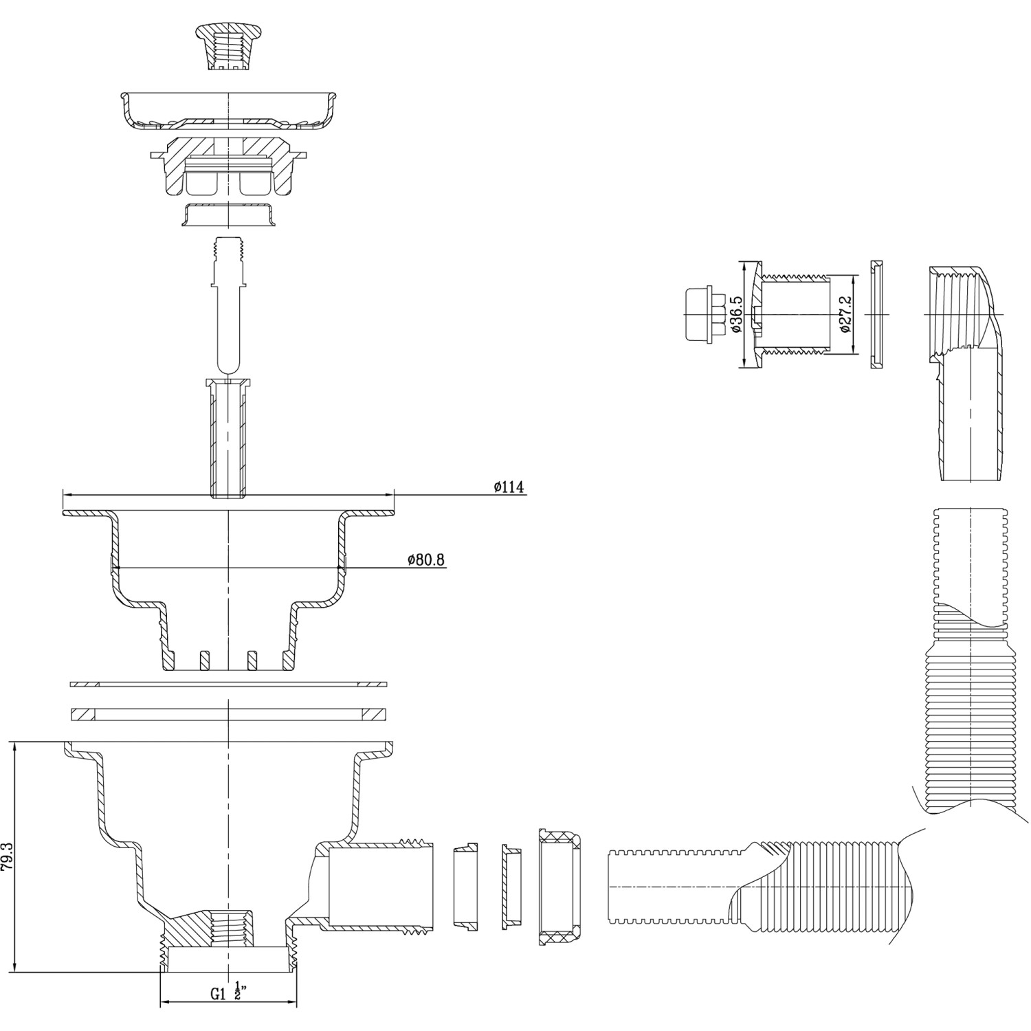 Technische Zeichnung Helika Siebkorbventil, Ø 11,4 cm, manuelle Betätigung, schwarz, Zubehör für Spülen.