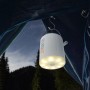 Technaxx Mini-Akku-Luftpumpe TX-261 mit LED-Licht, weiß, hängend im Zelt.