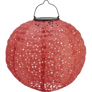 Rote Solar-Dekoleuchte Pellaro in Lampionform, Ø 25 cm, mit Tragegriff für Garten und Balkon.