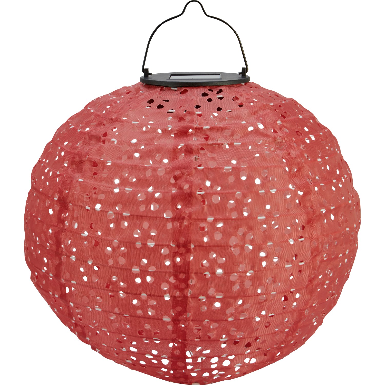 Rote Solar-Dekoleuchte Pellaro in Lampionform, Ø 25 cm, mit Tragegriff für Garten und Balkon.