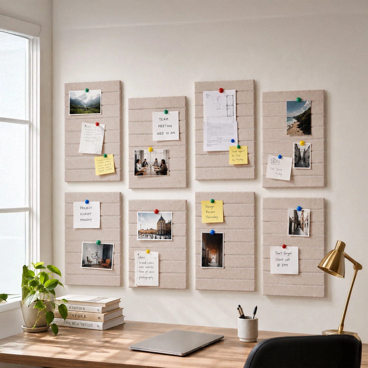 Hellgraues Relaxdays Filzpinnwand Set (9 Stück) mit Notizen & Fotos im Büro. Selbstklebende Akustikfilz-Memoboards für Organisation.