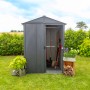 Spacemaker Metall-Gerätehaus, 1,5 m², grau, mit geöffneter Tür und Gartengeräten im Inneren.