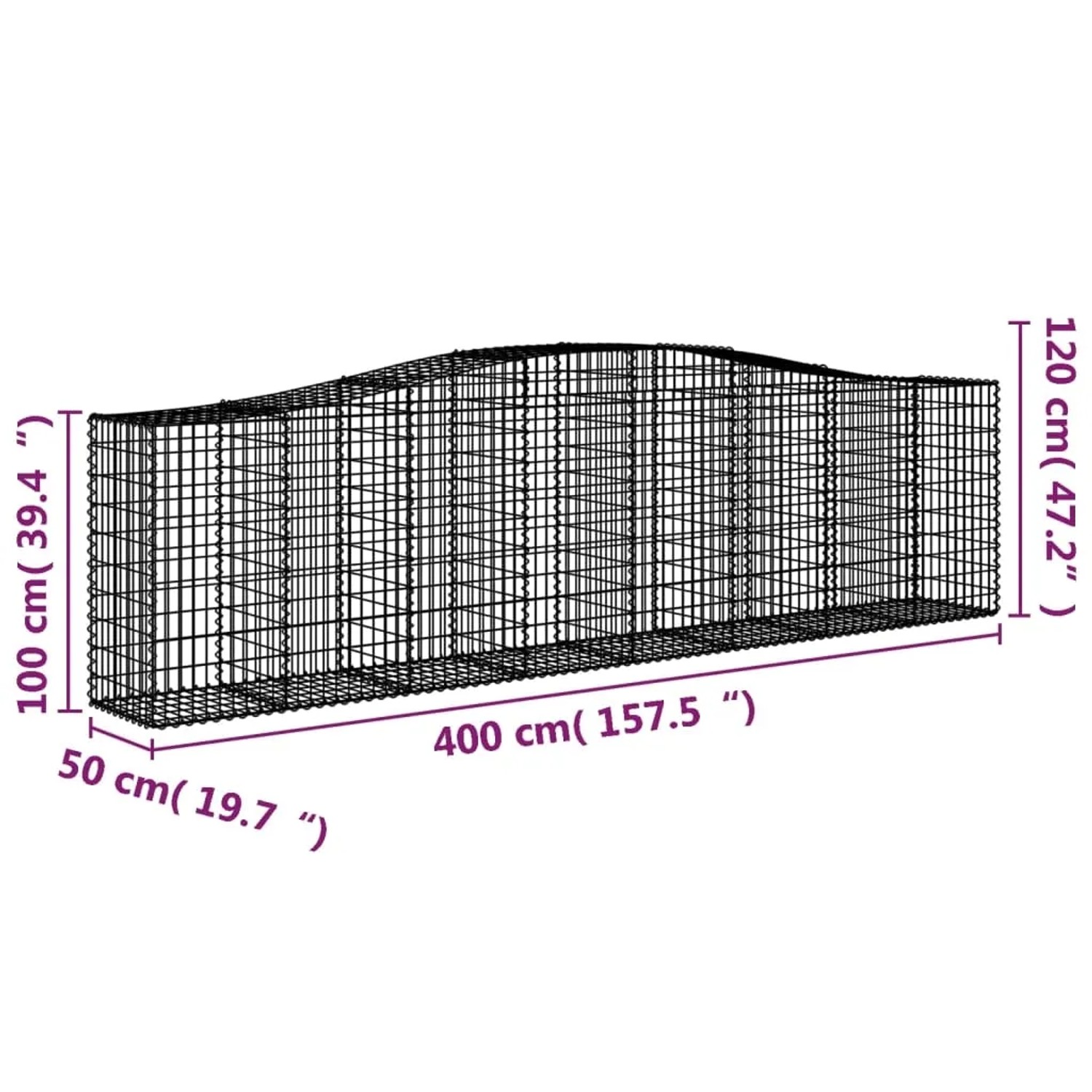9er Set vidaXL Gabionen mit Hochbogen, 400x50x100/120cm, aus verzinktem Eisen.
