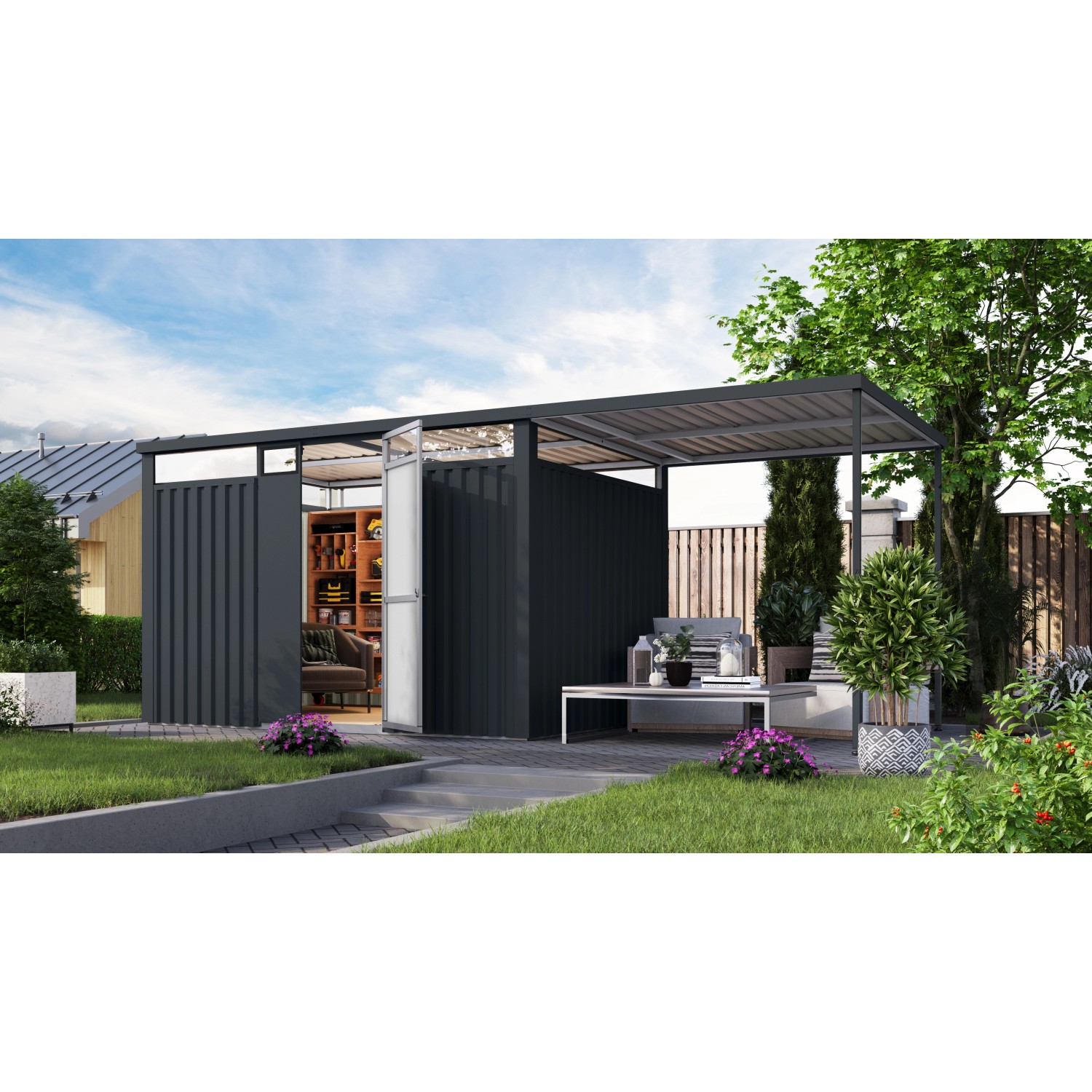Karibu Gartenhaus Amato 3 m. Anbaudach Anthrazit 218 x 342 x 231 cm günstig online kaufen