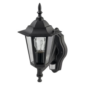 Schwarze Außenwandleuchte Molinella im Landhausstil mit Bewegungsmelder.