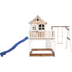 Axi Liam Spielhaus mit Schaukel, Rutsche in Braun, Weiß und Blau. Spielturm mit Sandkasten.