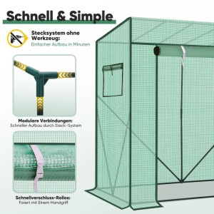 Grünes Foliengewächshaus mit modularem Stecksystem für schnellen Aufbau. Rolltür für Tomatenhaus im Garten.