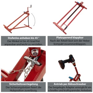 TRUTZHOLM Rasentraktorheber, rot, für Rasenmäher, stufenlos bis 400 kg belastbar.