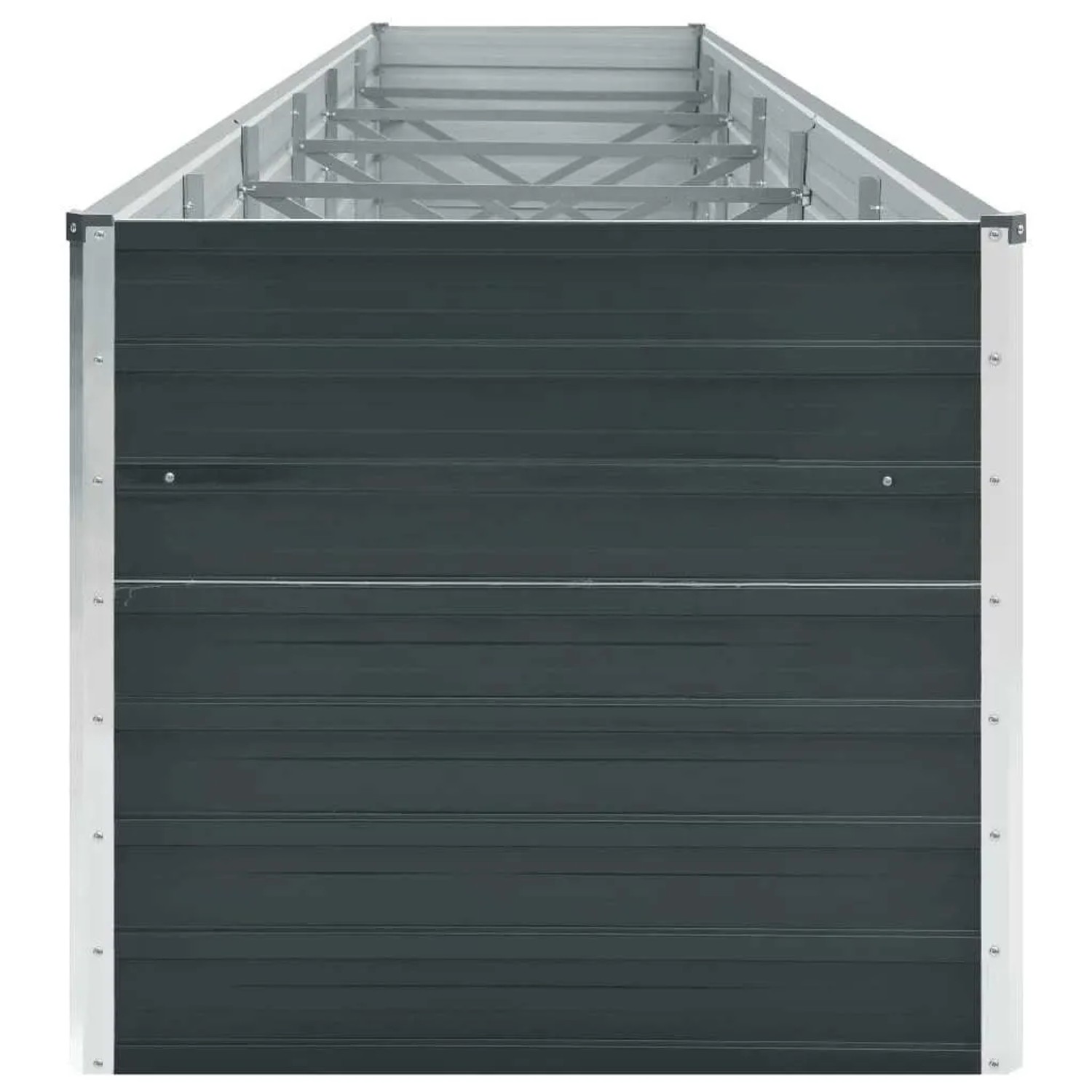 Anthrazitfarbenes furnicato Garten-Hochbeet aus verzinktem Stahl, 480x80x77 cm.