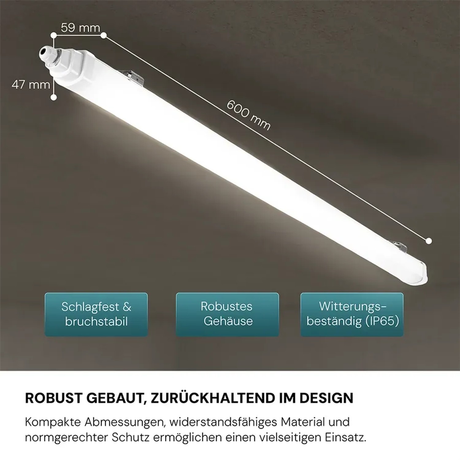 Weiße LUXULA LED Feuchtraumleuchte, 60cm, 18W, neutralweißes Licht, IP65, IK06, mit Maßangaben.