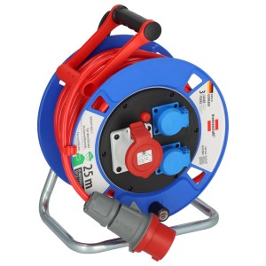 Garant CEE 1 IP44 Kabeltrommel mit 25 m rotem Kabel, blauem Trommelkörper und verzinktem Tragegestell.