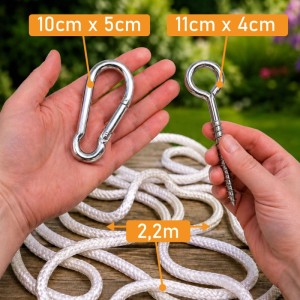 AMANKA Hängematten Befestigung: Karabiner, Ringschraube, weißes Seil. Metall, 160 kg Tragkraft für Hängestühle.
