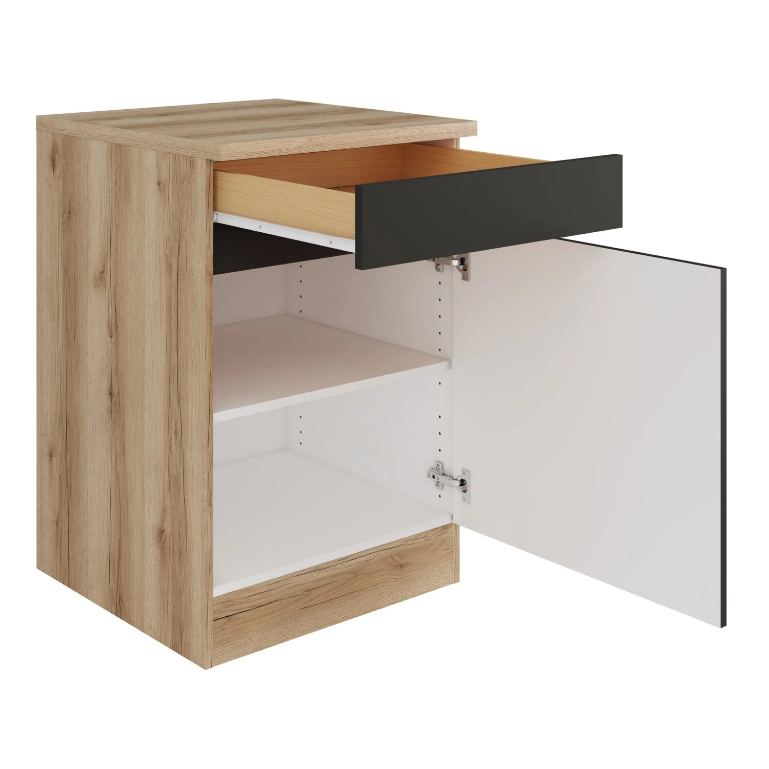 Optifit Küchenunterschrank Noah420 in Anthrazit/Wildeiche mit Schublade und Tür geöffnet.
