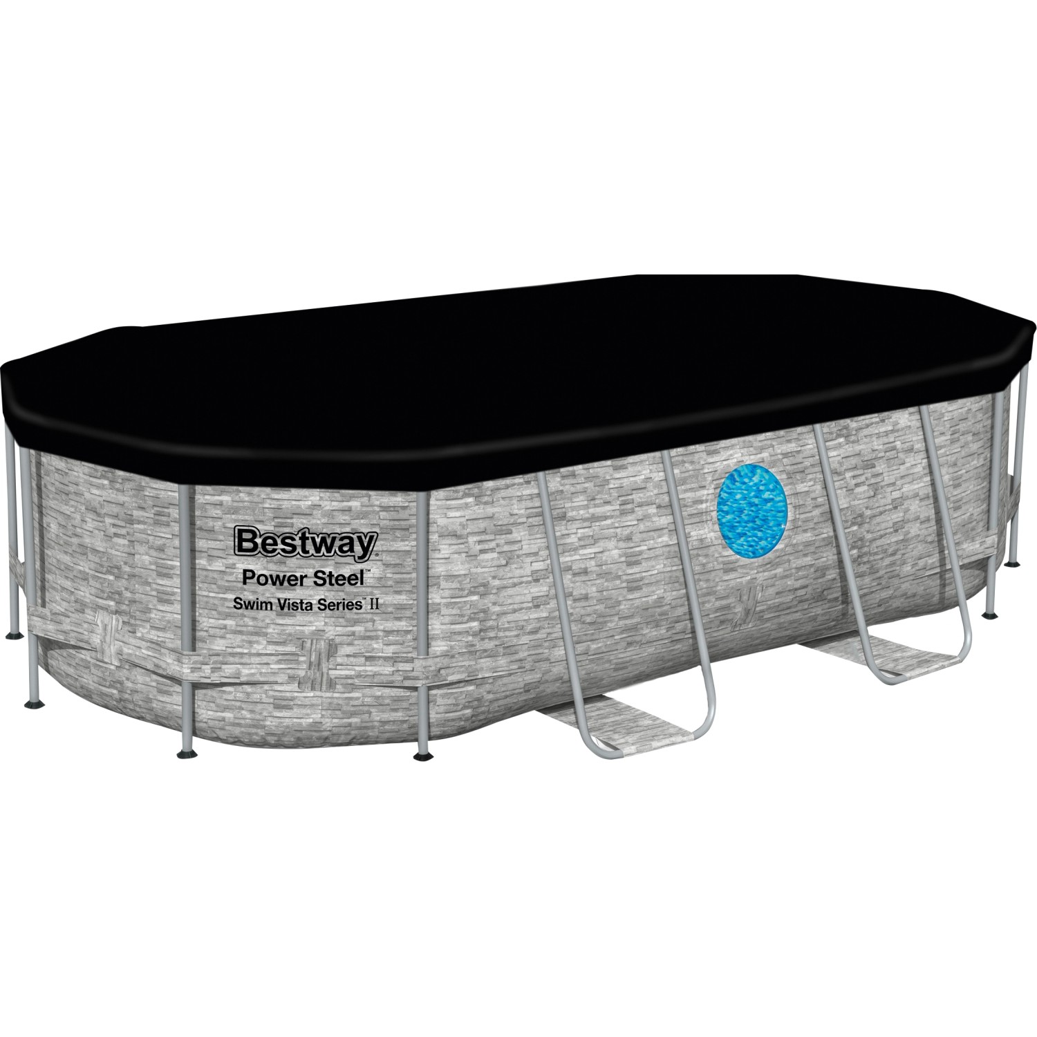 Bestway Stahlrahmenpool Set Power Steel Swim Vista, oval, 424x250x100 cm, grau, mit Abdeckung.