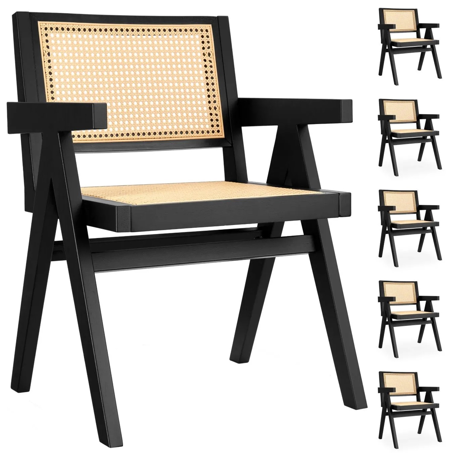 Tectake Armlehnstuhl Lissy Boho Stil Große Rückenlehne und Sitzfläche Mit Wiener Geflecht 6Er Set 56 50 x 59 50 x 82 50 cm Schwarz