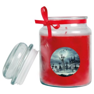 Rote Halloween Duftkerze im Glas mit Friedhof-Motiv und Schleife, Brenndauer 110h.