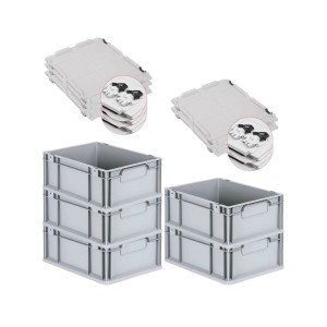 PROREGAL Spar Set: 5 graue Euroboxen mit Deckel, ideal zur Aufbewahrung und Lagerung.
