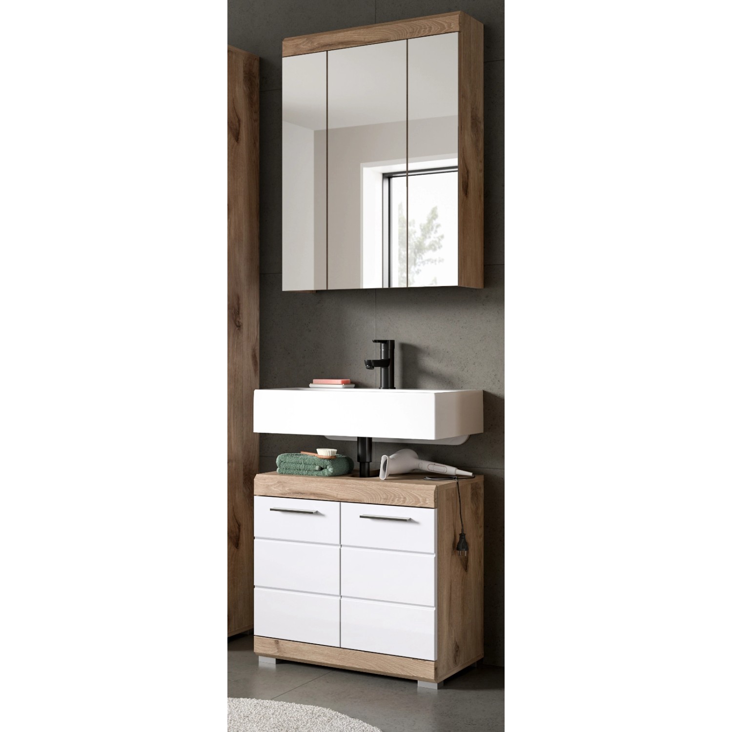 Inn.Furn Badmöbel Set in Weiß Hochglanz und Eiche 2-teilig 60 cm Willow günstig online kaufen