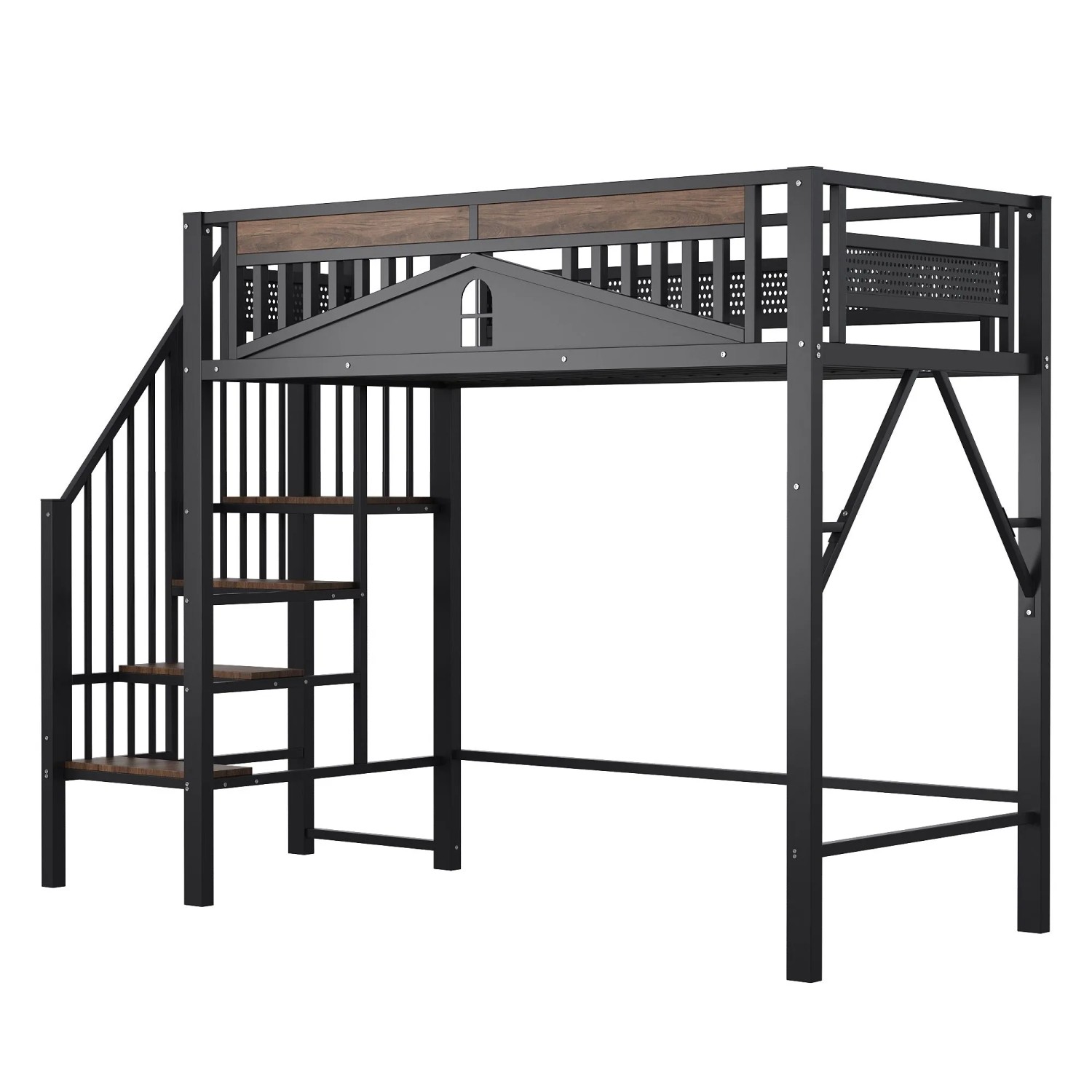 okwish Hochbett 90x200cm mit Sicherheitsumrandung Leiter Jugendbett Schwarz ohne Matratze