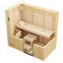 Weka Infrarotsauna Uppsala mit Liege, Hocker und Glasfront. Sauna mit Flächenstrahler und Ofen.