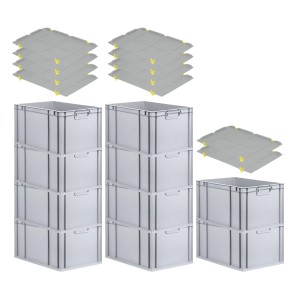 PROREGAL SparSet: 10 graue Euroboxen mit gelben Verschlüssen und Deckel, 65 Liter.