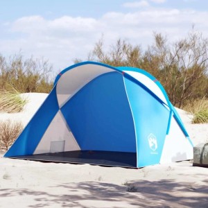 Azurblaues Pop-Up Strandzelt auf Sandstrand. Bietet Schatten und Schutz. Ideal für Camping & Zubehör.