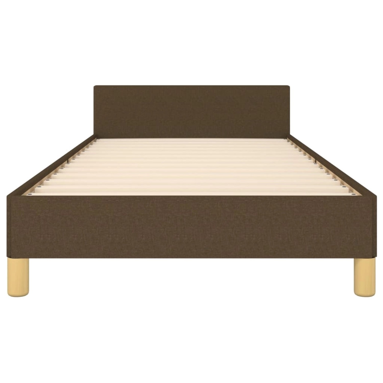 Dunkelbraunes Stoff-Bettgestell 90x200 cm mit Kopfteil. Bett mit Lattenrost und hellen Füßen.
