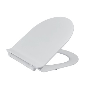 Weißer NEG SlimLine WC-Sitz mit Softclose Toilettendeckel, leicht geöffnet. Modernes Duroplast Design.