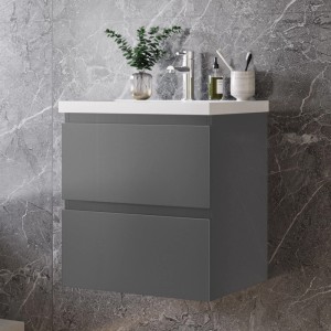 AICA Waschtisch mit Unterschrank, 50 cm, anthrazit matt, mit zwei Schubladen und Mineralgussbecken.