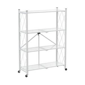 Weißes, klappbares BERLINLODGE Regal auf Rollen mit 4 Fachböden und einer Belastbarkeit von 200 kg.