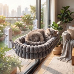 Dunkelgraue Katzenhängematte am Fenster, befestigt mit Saugnäpfen, mit schlafender Katze. Gemütlicher Schlafplatz.