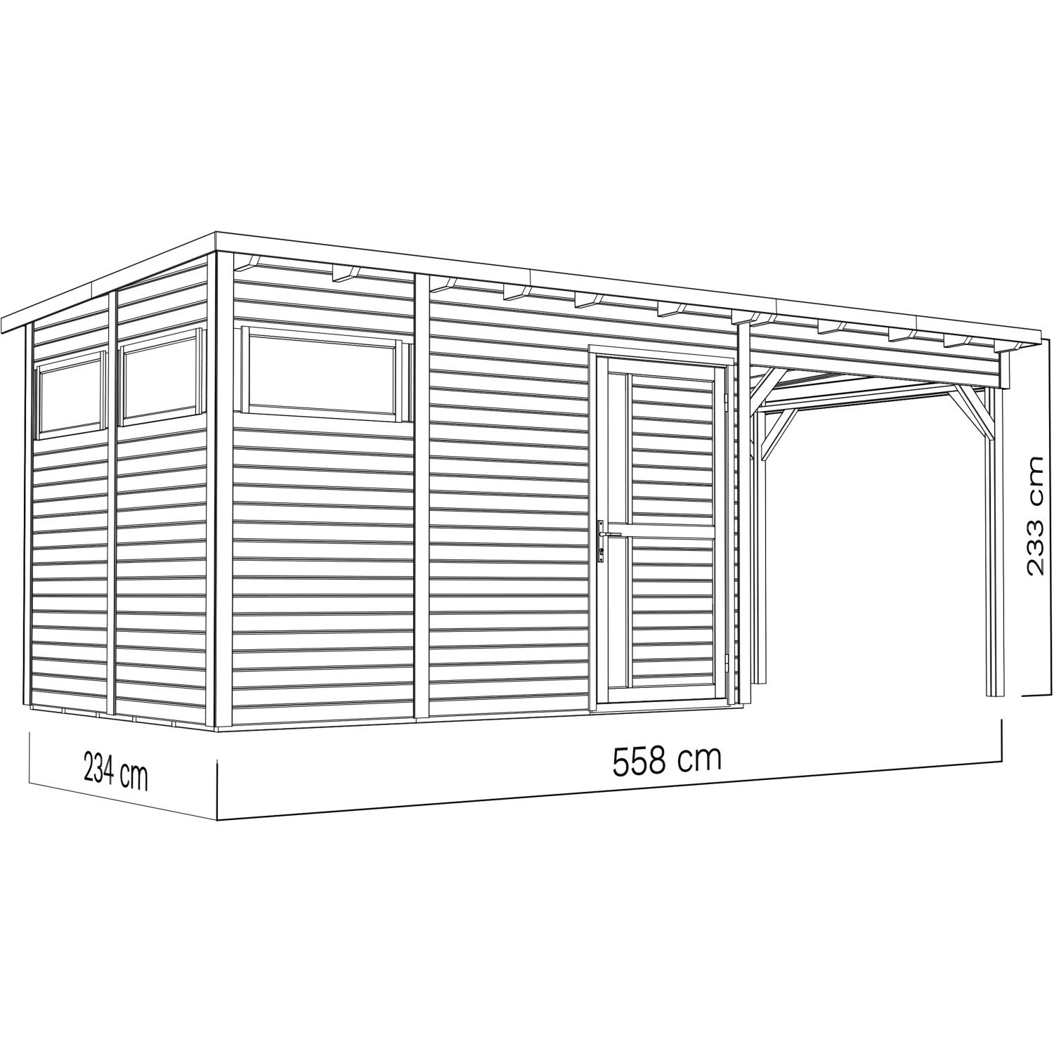 Bertilo Gartenhaus Pentus 3 Lounge, 234x558 cm, grau, mit Anbau. Holz-Gartenhaus mit Flachdach.