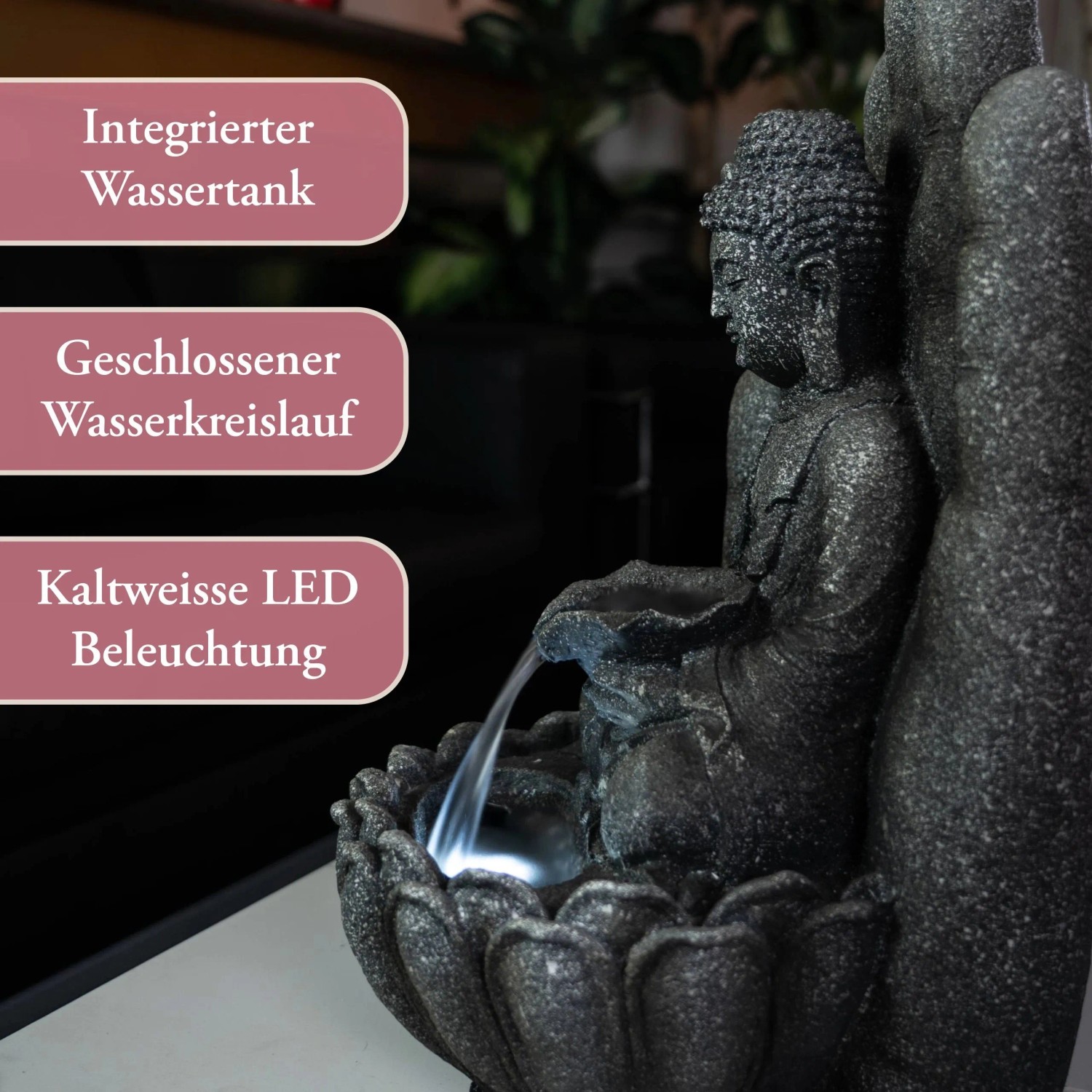 Intergarden Wasserspiel Zimmerbrunnen Mittelgroß Buddha 55cm mit Beleuchtung Schwarz_7