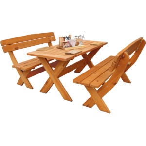 3-teiliges Gartenmöbel-Set Bavaria aus honigbraunem FSC-Kiefernholz mit Tisch und Bänken.