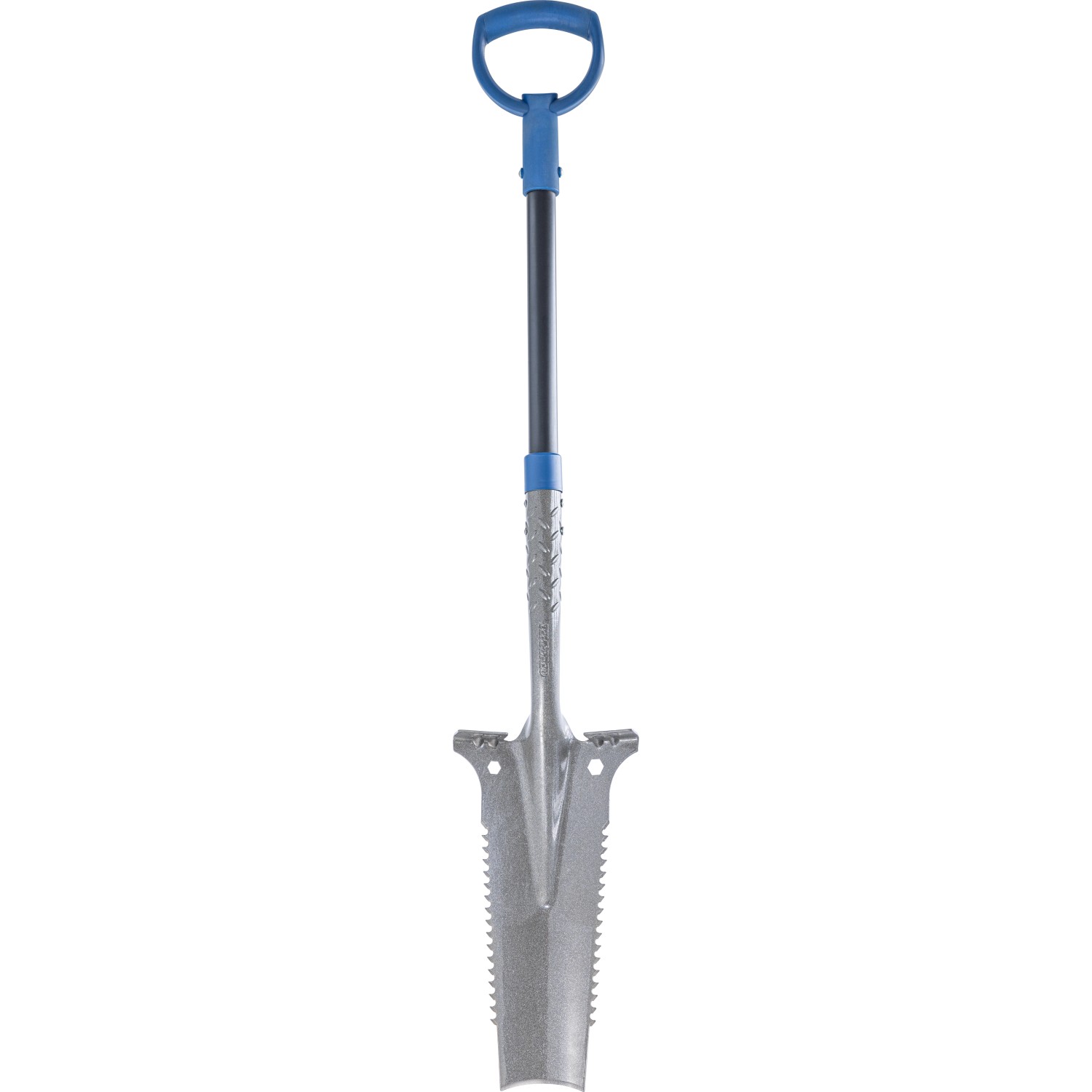 LUX 5-in-1 Spaten, 115 cm, mit Sägezähnen und blauem Griff. Vielseitig für Garten & Bau.