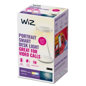Verpackung der weißen WiZ Schreibtischleuchte Portrait mit drehbarem Kopf für Fokus- und Videokonferenzlicht.