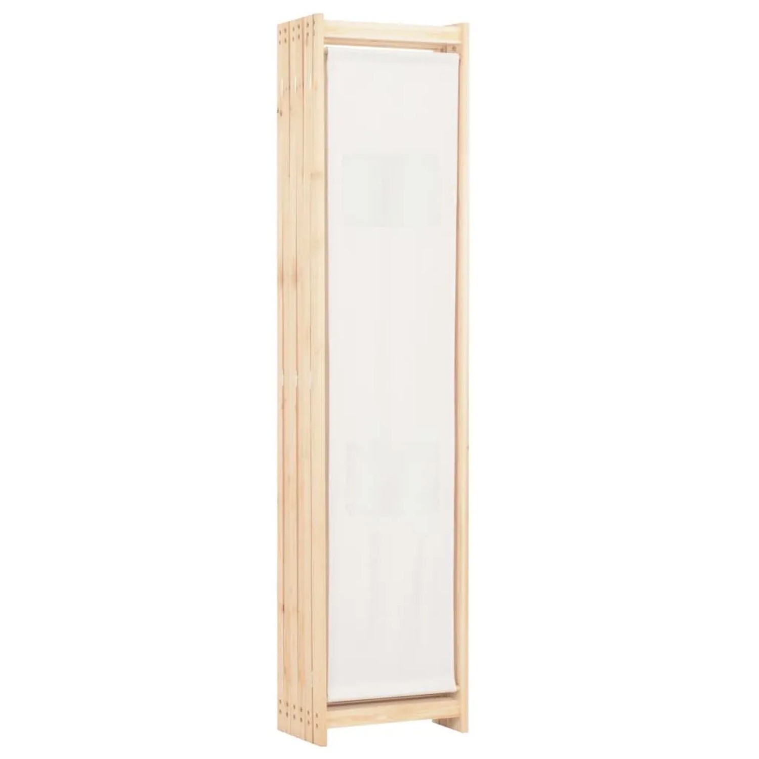 Zusammengeklappter, 6-teiliger, cremeweißer Raumteiler (240x170x4 cm) aus Stoff und Holz.