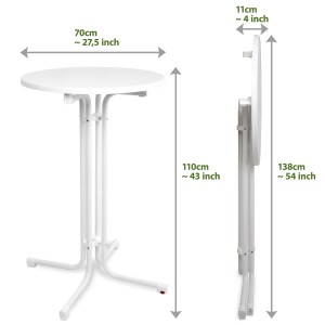 Weißer Beautissu Stehtisch Sylt, Ø 70 cm, für Indoor & Outdoor, mit Höhenangaben.