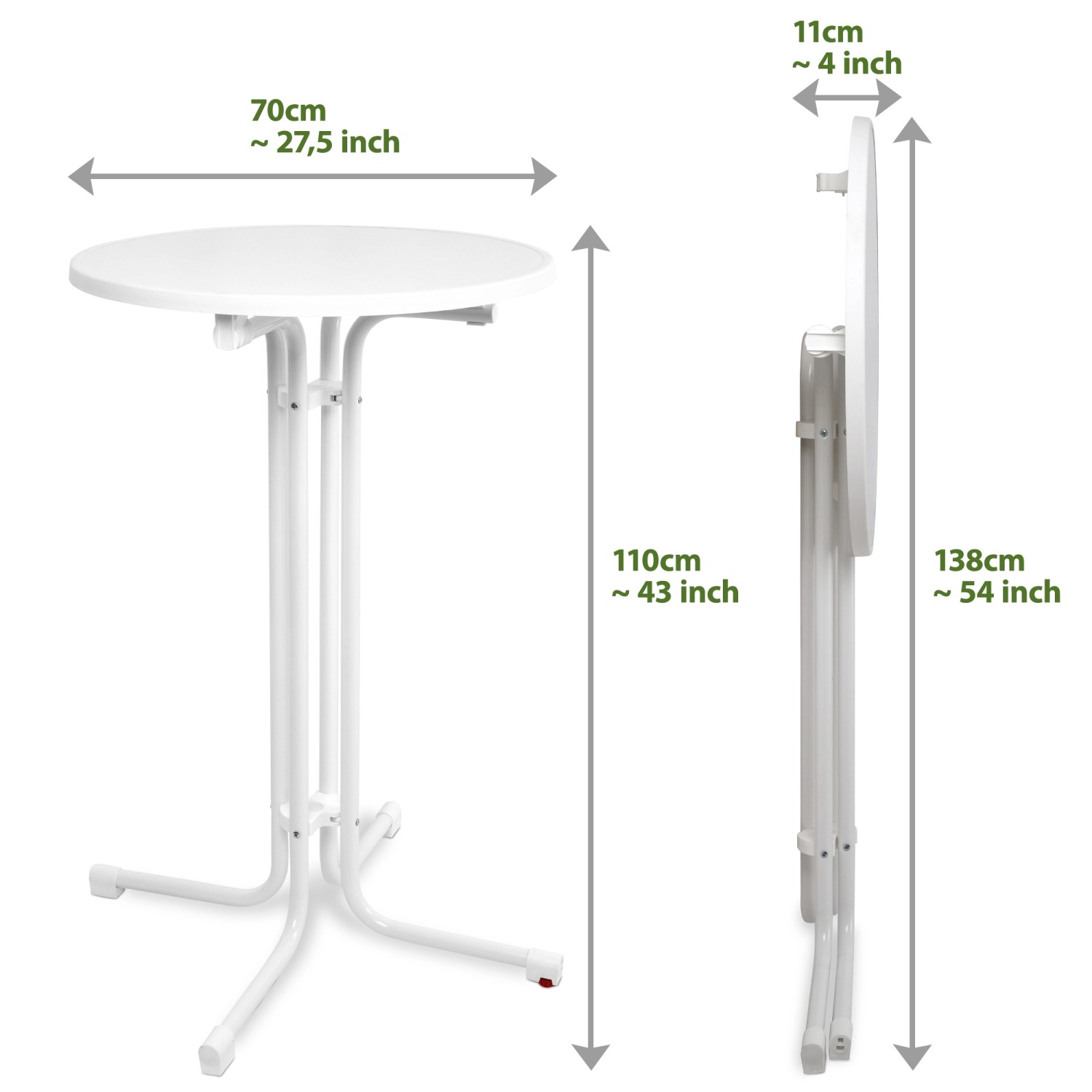 Weißer Beautissu Stehtisch Sylt, Ø 70 cm, für Indoor & Outdoor, mit Höhenangaben.