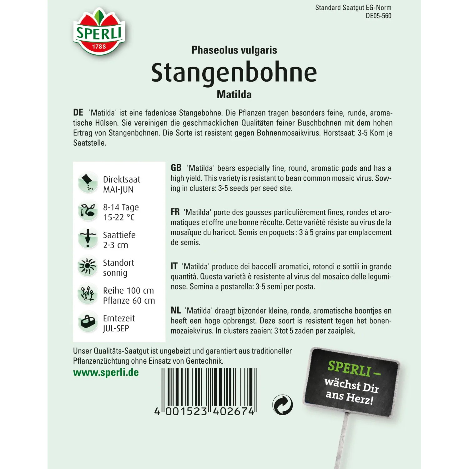 Samenpackung Sperli Stangenbohnen Matilda: ertragreiche, robuste Sorte für den Gemüseanbau.