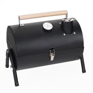 Schwarzer Relaxdays Campinggrill aus Stahl mit Holzgriff, Deckel und Thermometer. Tragbarer Holzkohlegrill für Outdoor.