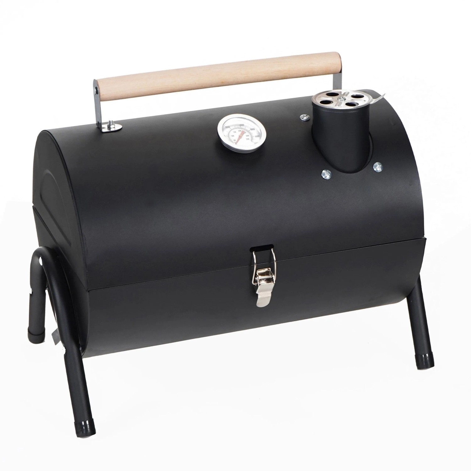 Relaxdays Campinggrill Stahl Kiefernholz Schwarz mit Deckel mit Thermometer 35 cm x 41 cm x 29 cm