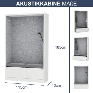 DELUKE Akustikkabine mit Schalldämmung TAGO 185x115x40cm Weiß-Grau Telefonkabine Meetingbox Telefonbox Akustikbox Bürokabine