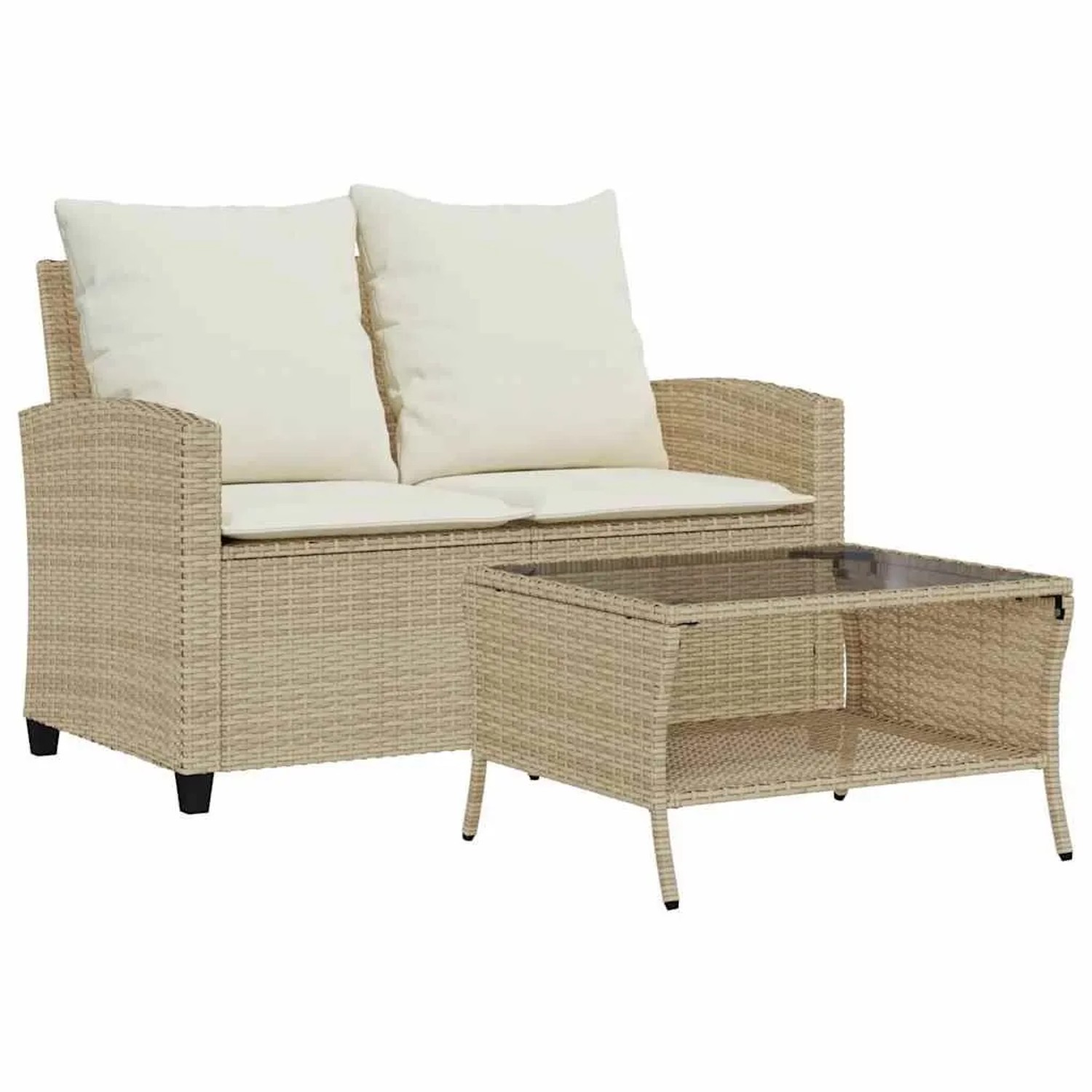 vidaXL Gartensofa 2-Sitzer mit Kissen & Tisch Beige Poly Rattan 4103849