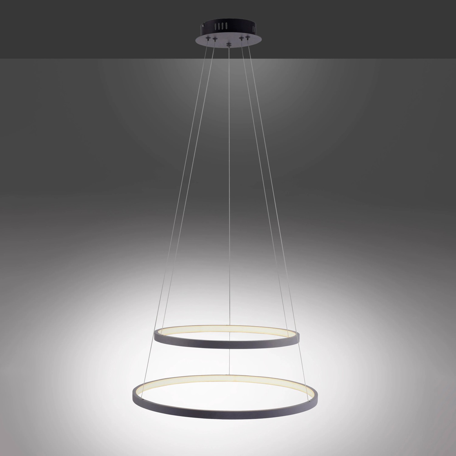 Moderne LED Pendelleuchte Circle in Anthrazit, Ø 50 cm, mit zwei Leuchtringen für warmweißes Licht.