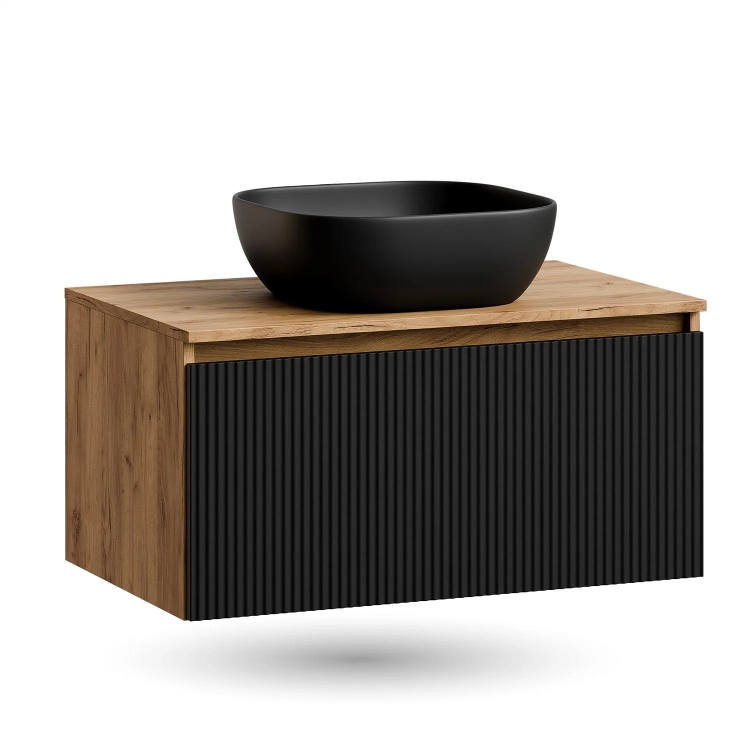 Planetmöbel ARISA Waschtischunterschrank 80 cm Schwarz Geriffelt mit Keramik Aufsatzwaschbecken 42 cm Schwarz Soft Close