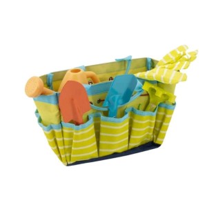 Galaflor Gartenset für Kinder in gelber Tasche mit Harke, Spaten, Schaufel, Gießkanne und Handschuhen.